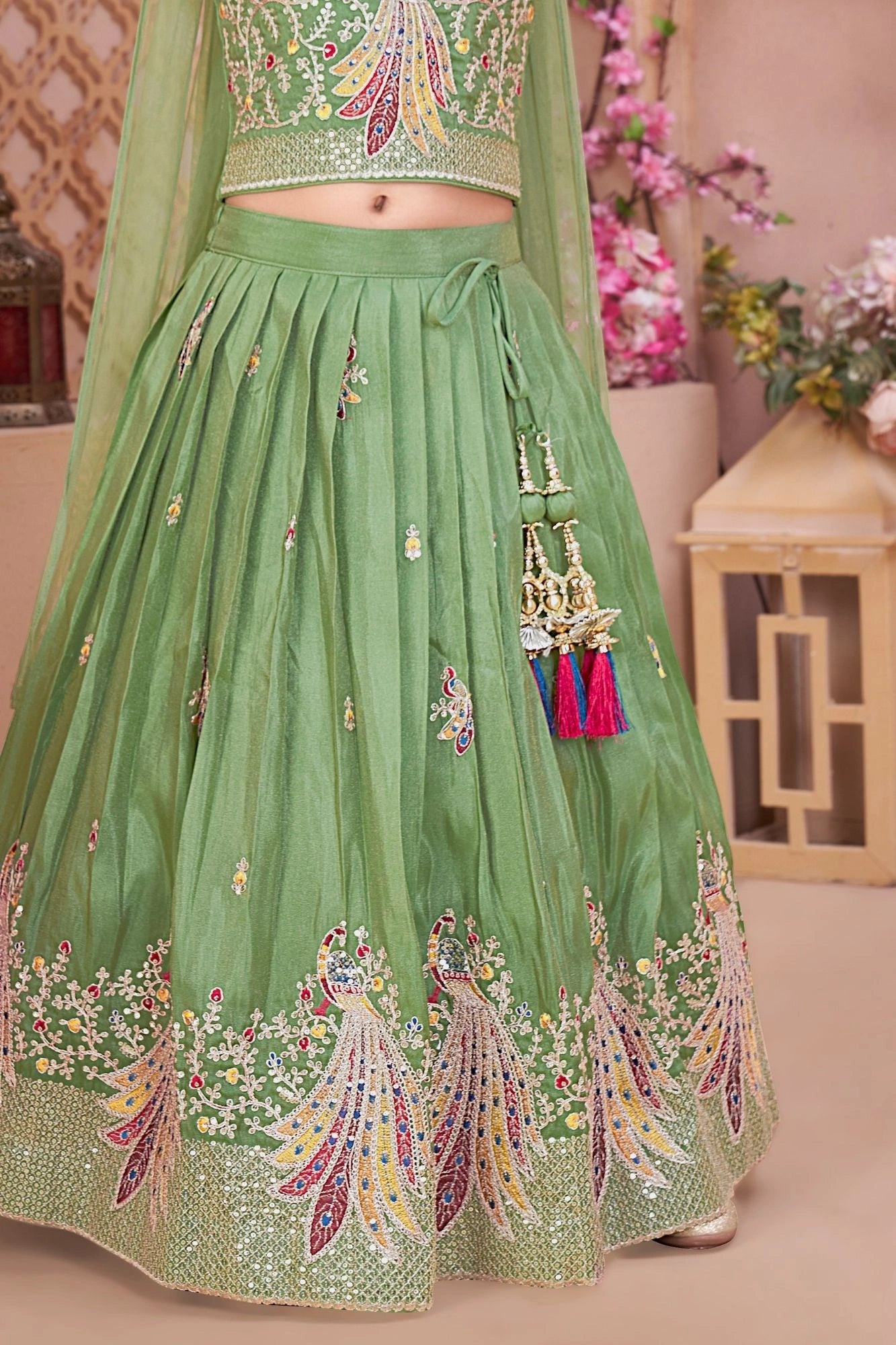 Pista Green Peacock Embroidered Lehenga Choli with Dupatta For Girls