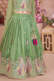 Pista Green Peacock Embroidered Lehenga Choli with Dupatta For Girls