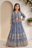 Dusty Blue Heavy Floral Embroidered Lehenga Choli with Jacket