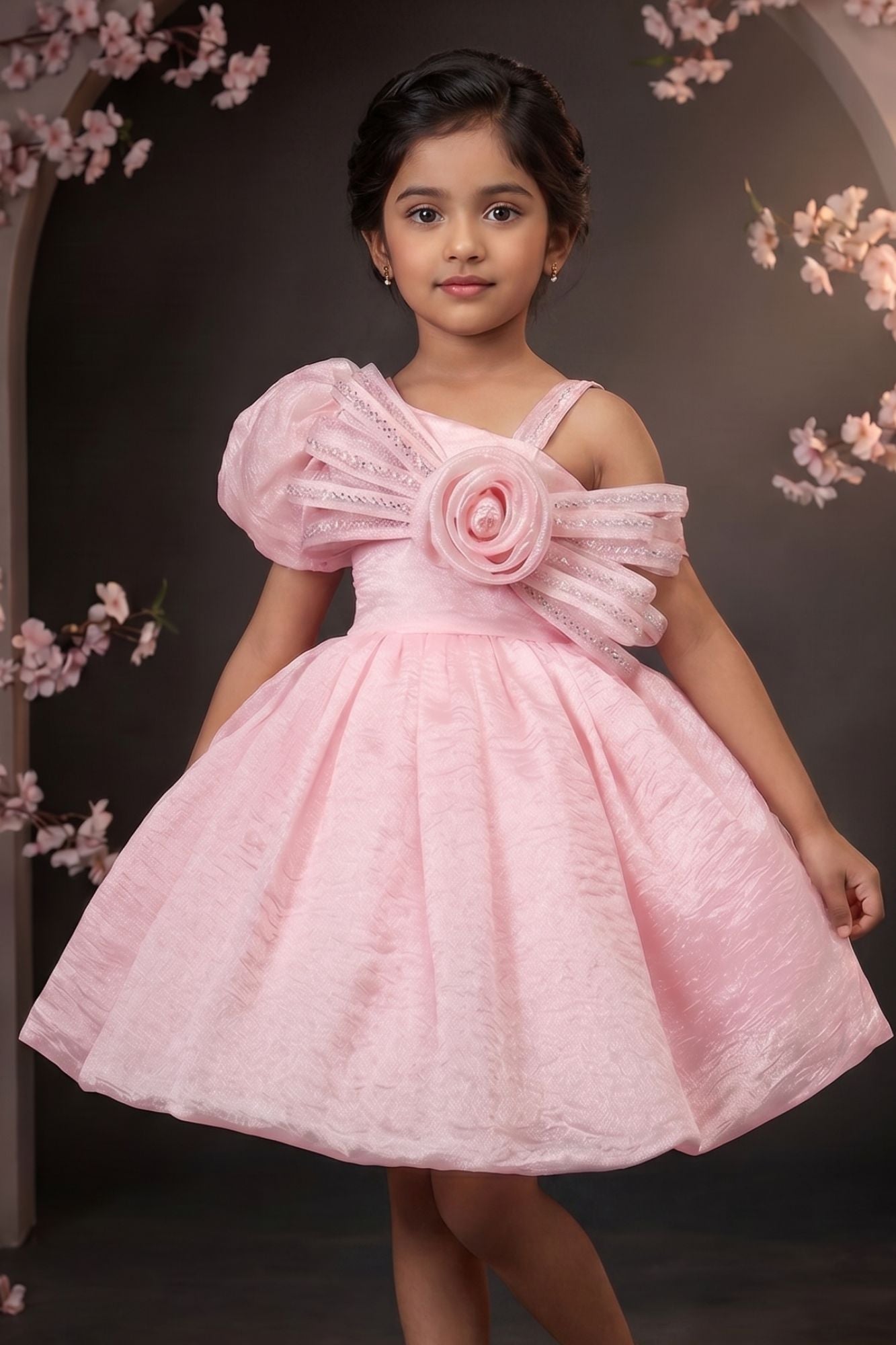 Pink One-Shoulder Party Frock with 3D Floral Bow For Girls