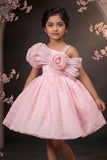 Pink One-Shoulder Party Frock with 3D Floral Bow For Girls
