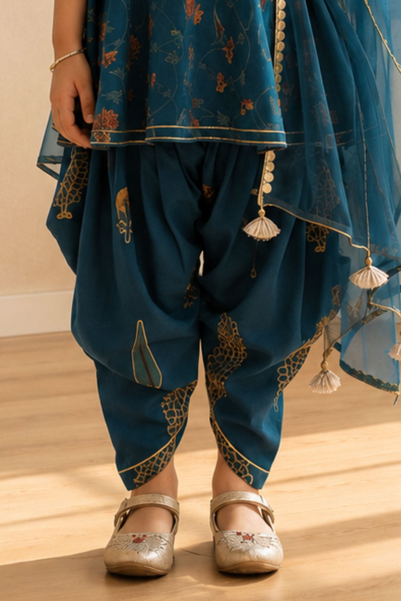 Girls Teal Blue Printed Kurti with Dhoti Pants Set