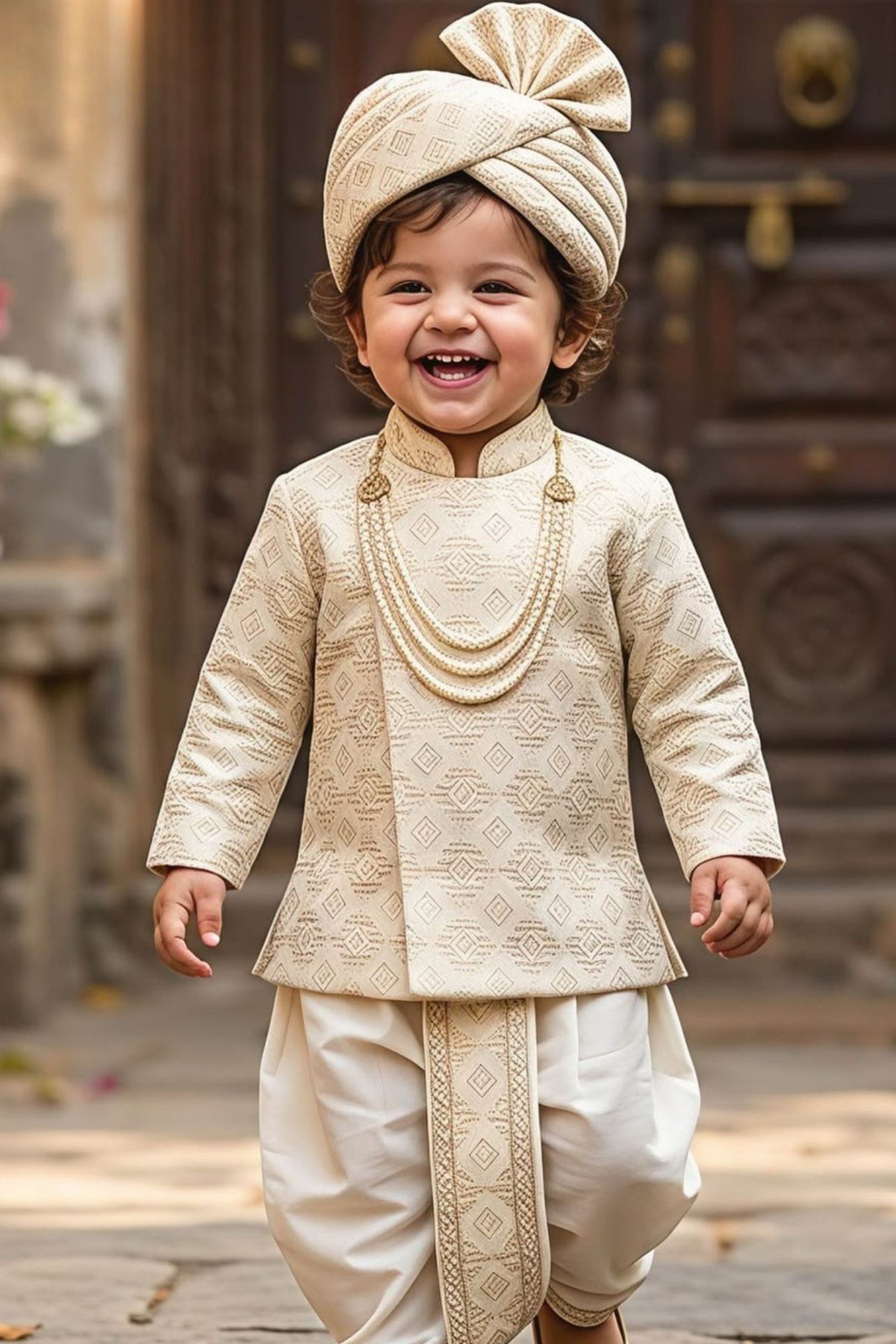 Royal Boys Ivory Gold Woven Sherwani Dhoti Set With Sequin Embroidey