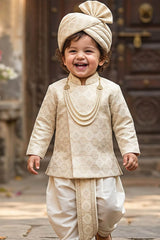 Royal Boys Ivory Gold Woven Sherwani Dhoti Set With Sequin Embroidey