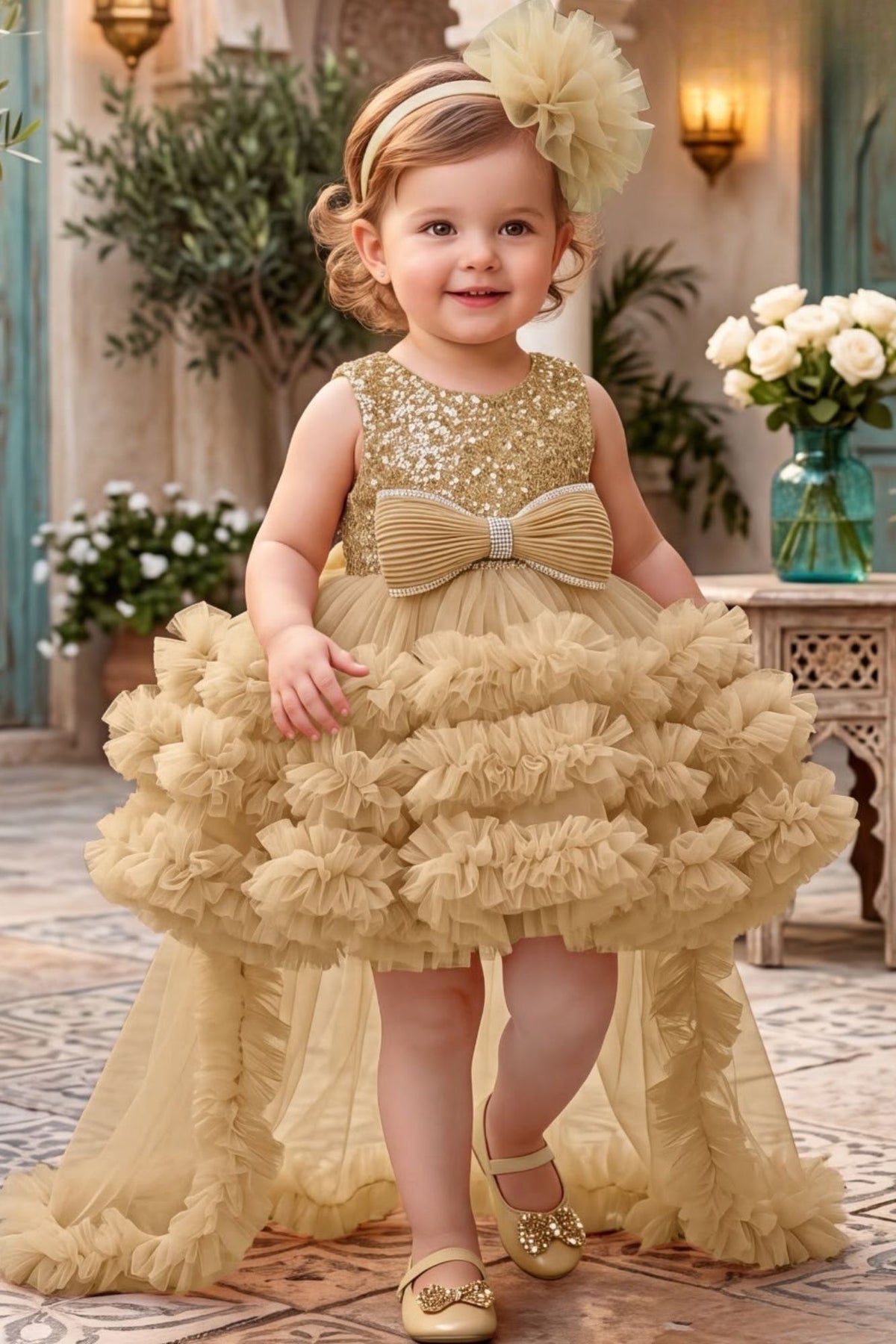 Girls Fawn Sequin High-Low Party Wear Frock
