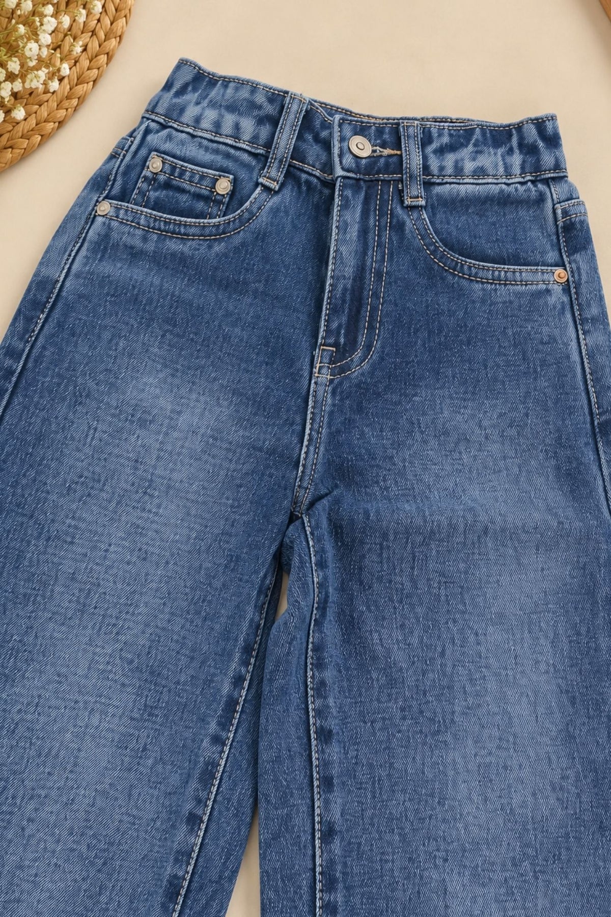 Girls Blue Washed Denim Straight Fit Jeans