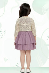 Girls Onion Pink Layered Frock With Lace Shrug And Floral Accent