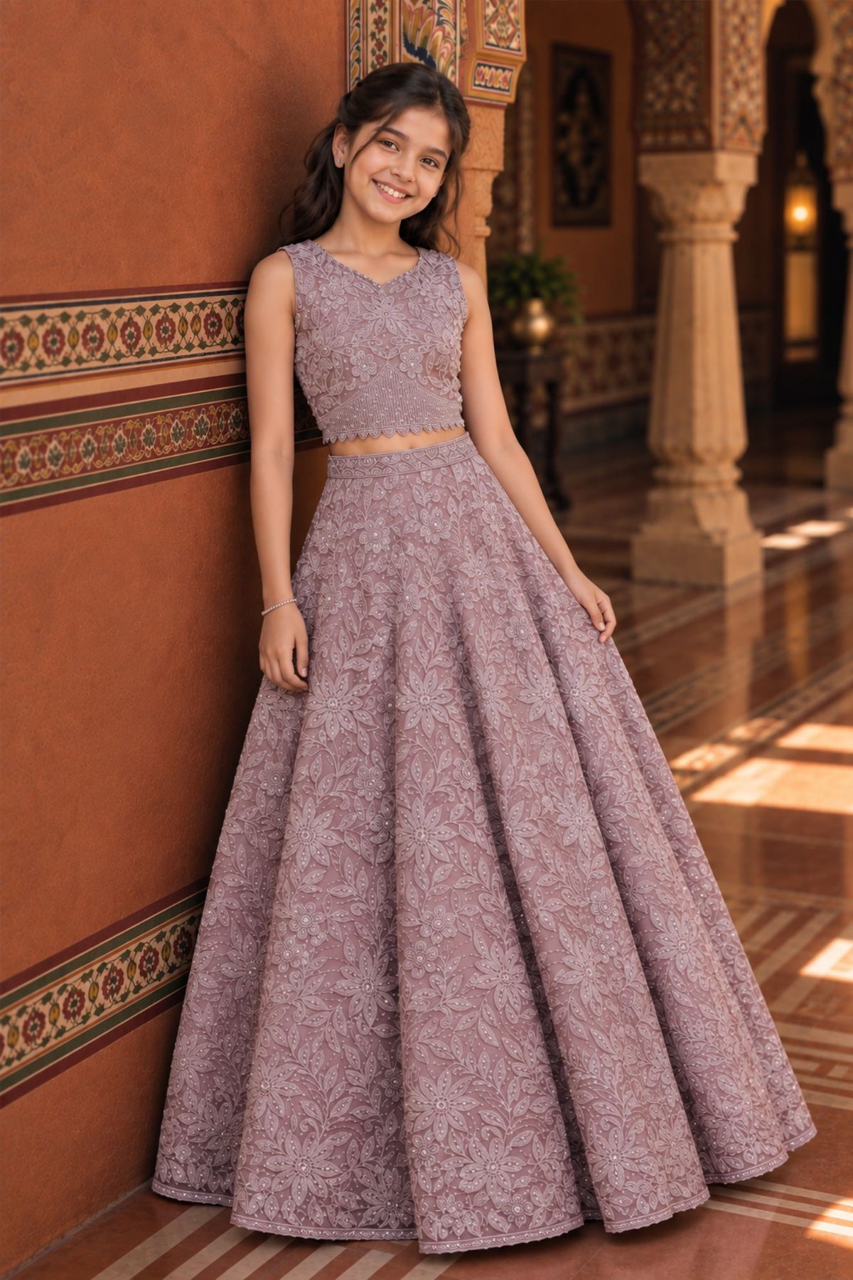 Onion Pink Embroidered Lehenga Choli with Sequin Work for Girls