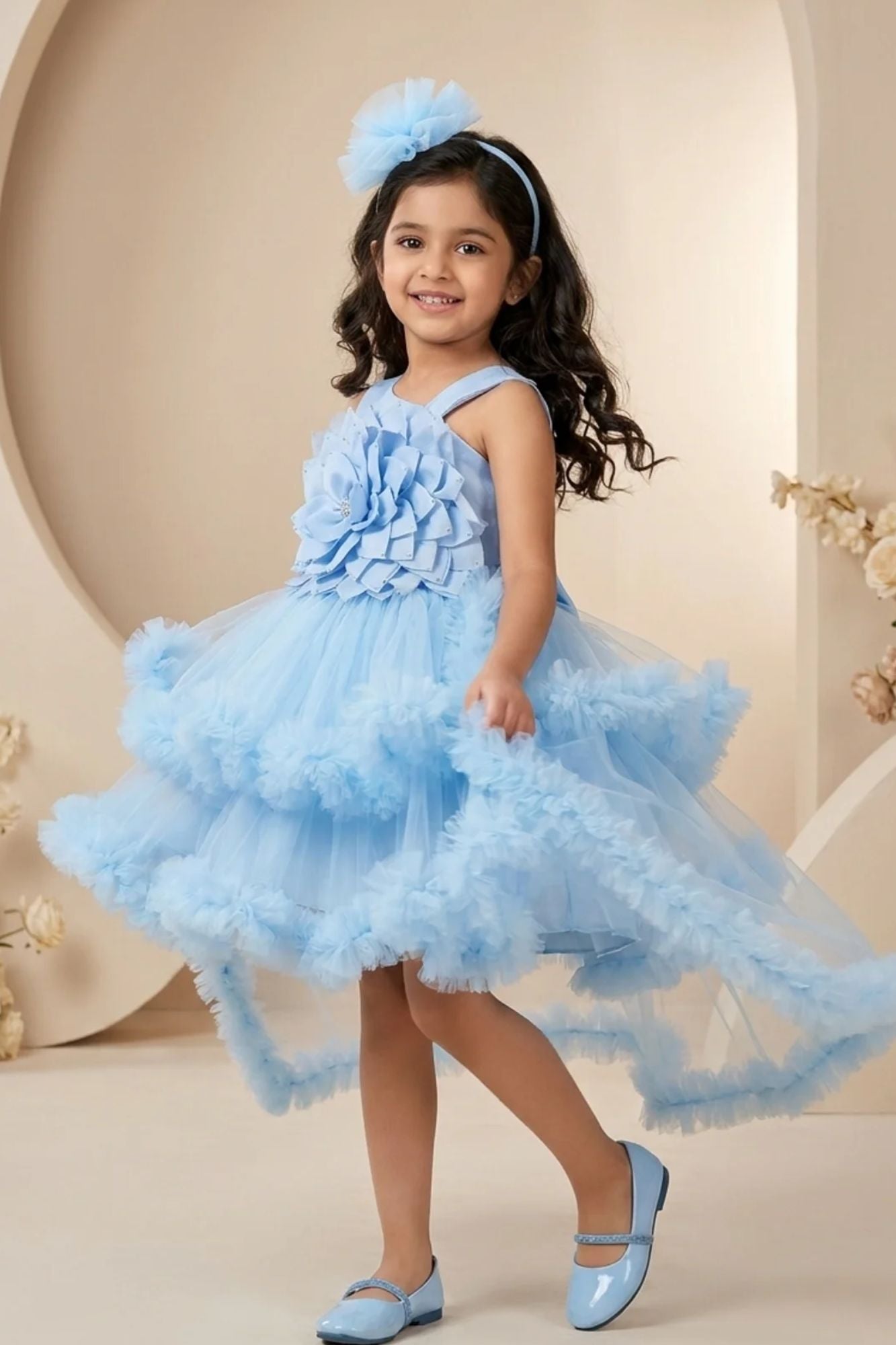 Blue High-Low Party Wear Tulle Frock With Flower Embellishment For Girls