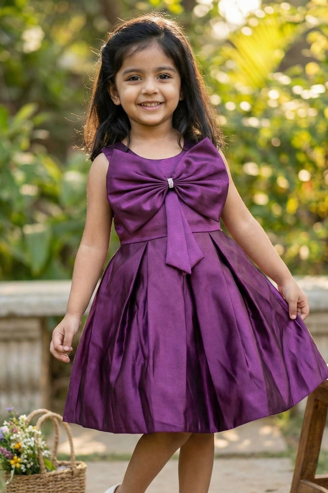 Wine Big Bow Party Wear Frock For Girls