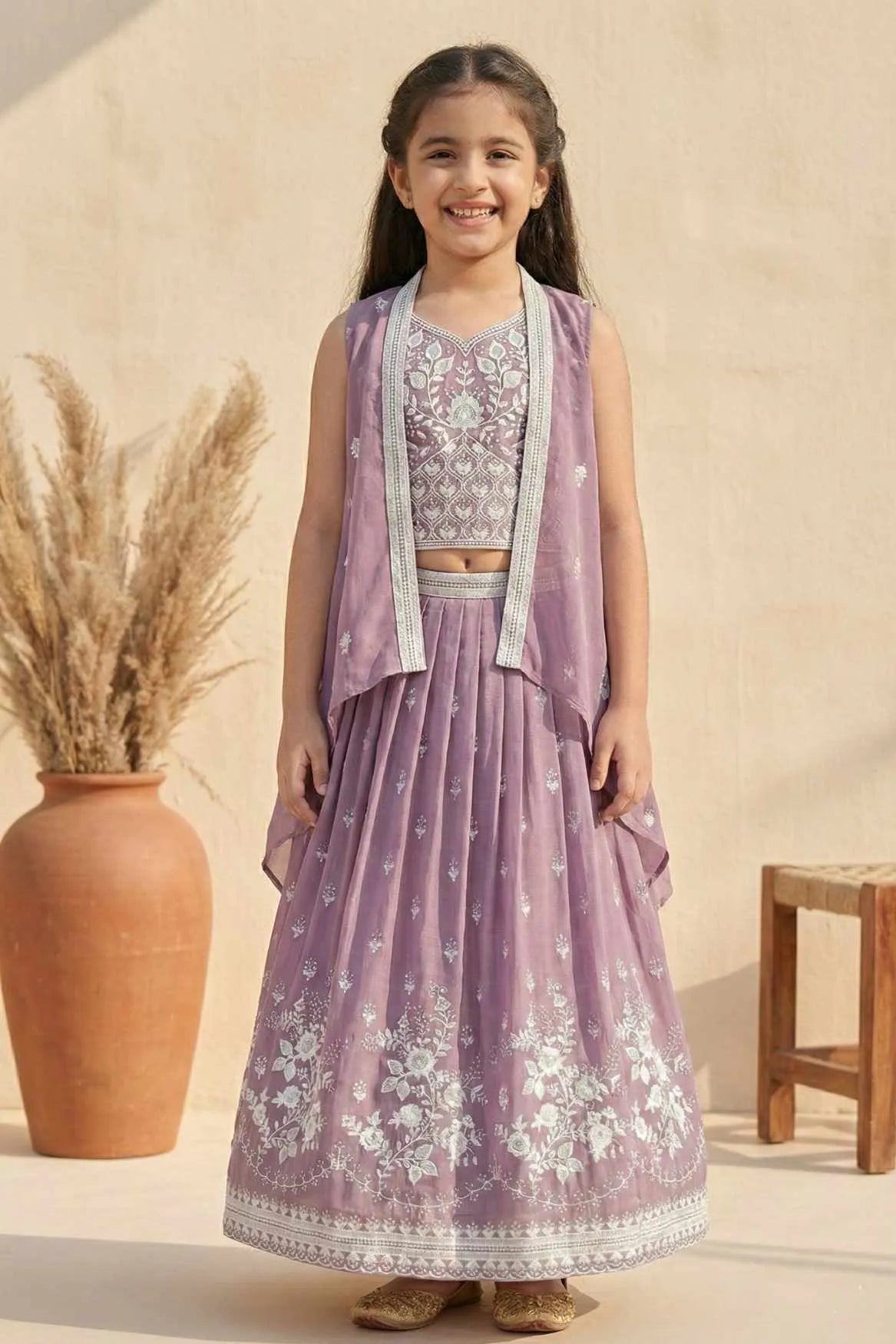 Mauve Embroidered Lehenga Choli with Layered Jacket For Girls