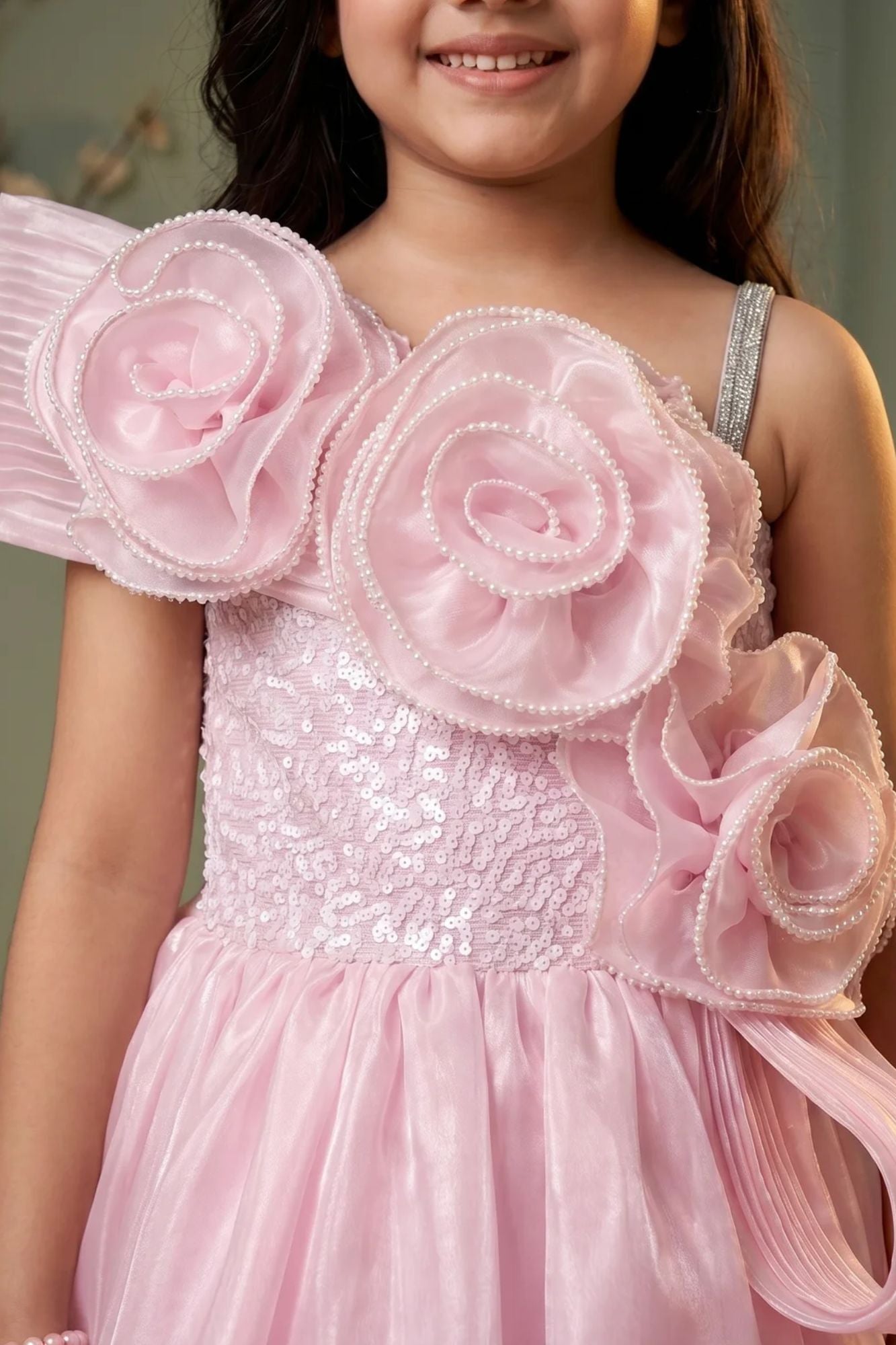 Girls Baby Pink One-Shoulder Party Gown with 3D Floral Ruffles