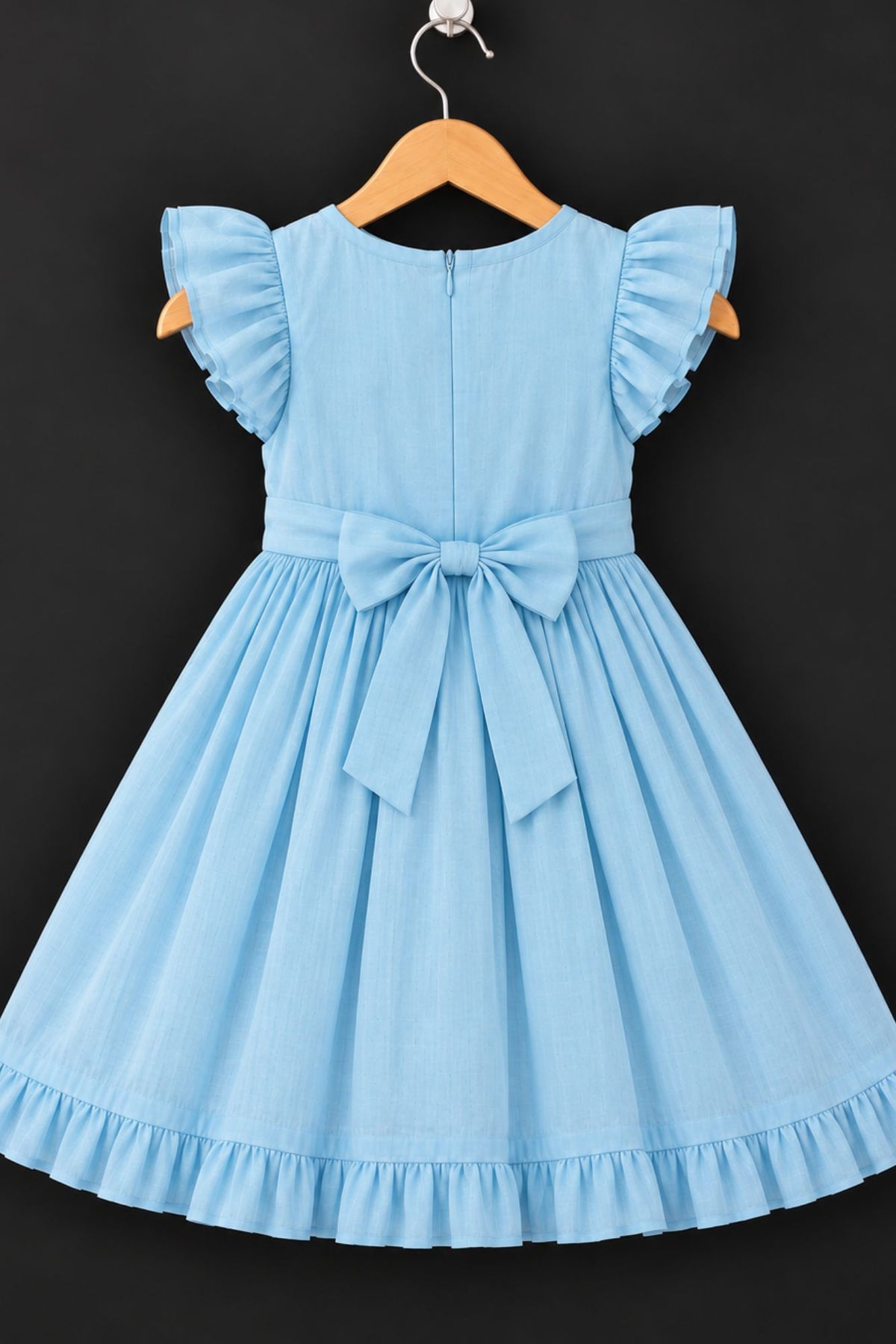 Sky Blue Floral Embroidered Ruffle Sleeve Flared Dress For Girls