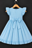 Sky Blue Floral Embroidered Ruffle Sleeve Flared Dress For Girls