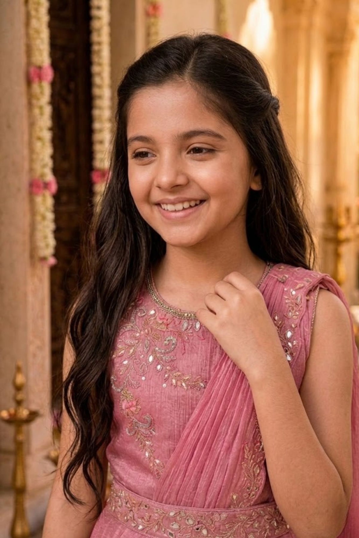 Girls Pink Embroidered Drape Saree Set with Waist Belt