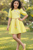 Lemon Yellow Puff Sleeve Casual Frock with Rainbow Belt & 3D Floral Appliqué For Girls