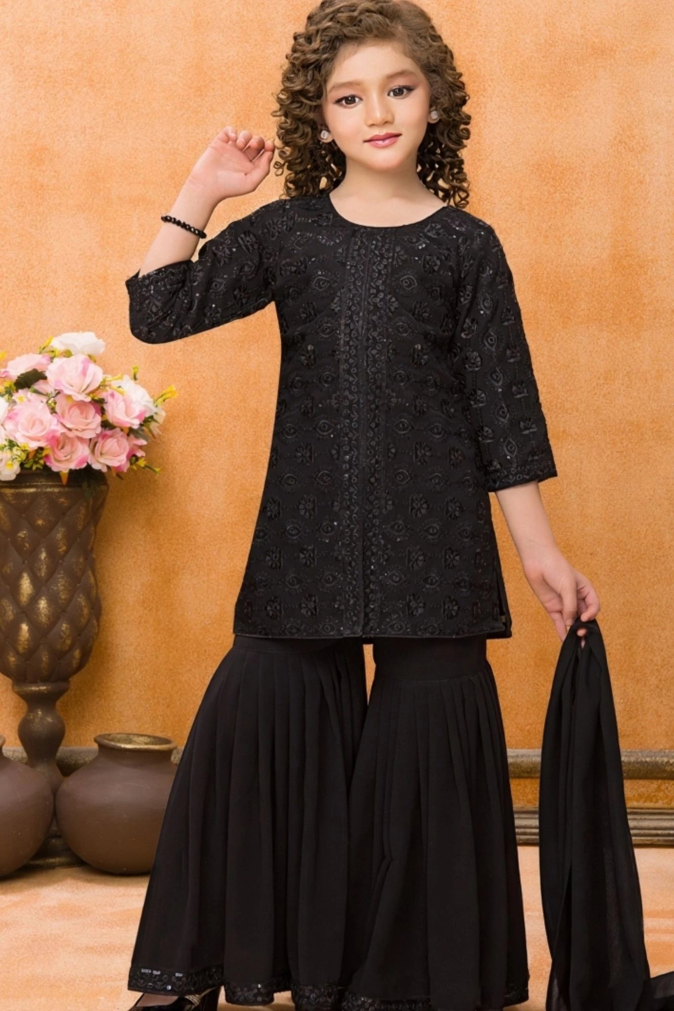 Black Sequins Embroidered Sharara Set for Girls