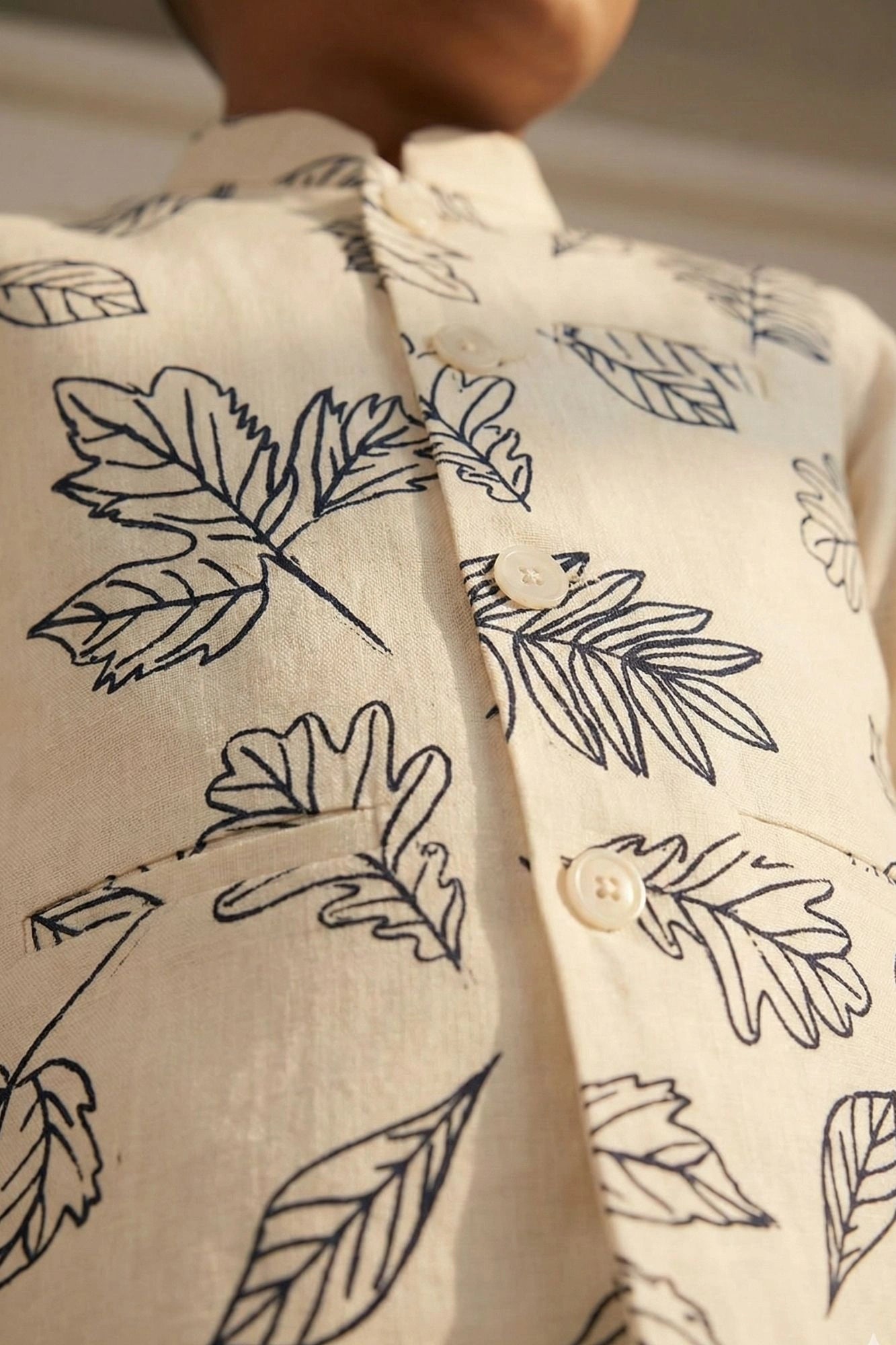 Cream Leaf Print Waistcoat with Mandarin Collar and Shirt For Boys