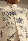 Cream Leaf Print Waistcoat with Mandarin Collar and Shirt For Boys