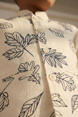 Cream Leaf Print Waistcoat with Mandarin Collar and Shirt For Boys