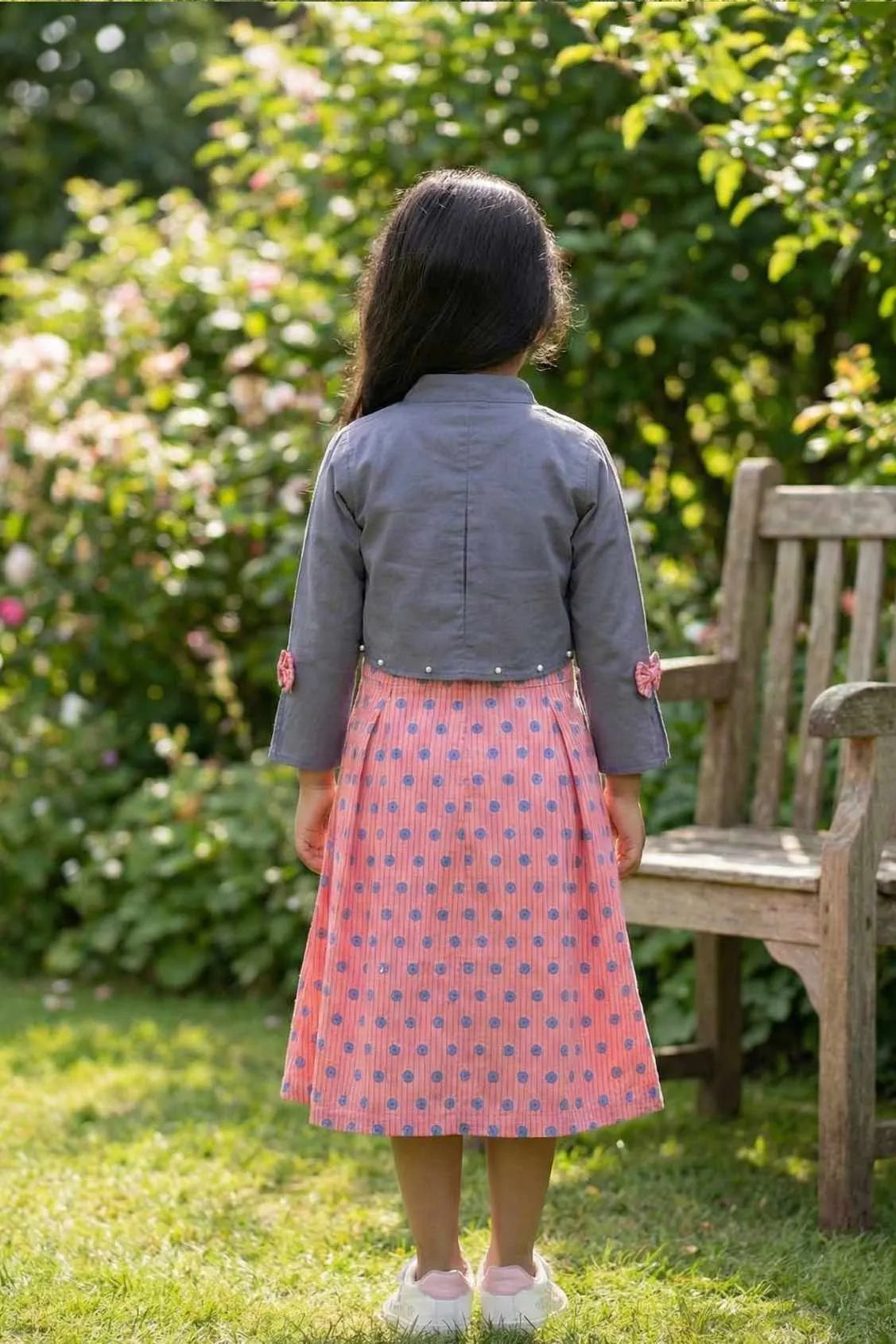 Peach Polka Dot Frock with Grey Jacket For Girls