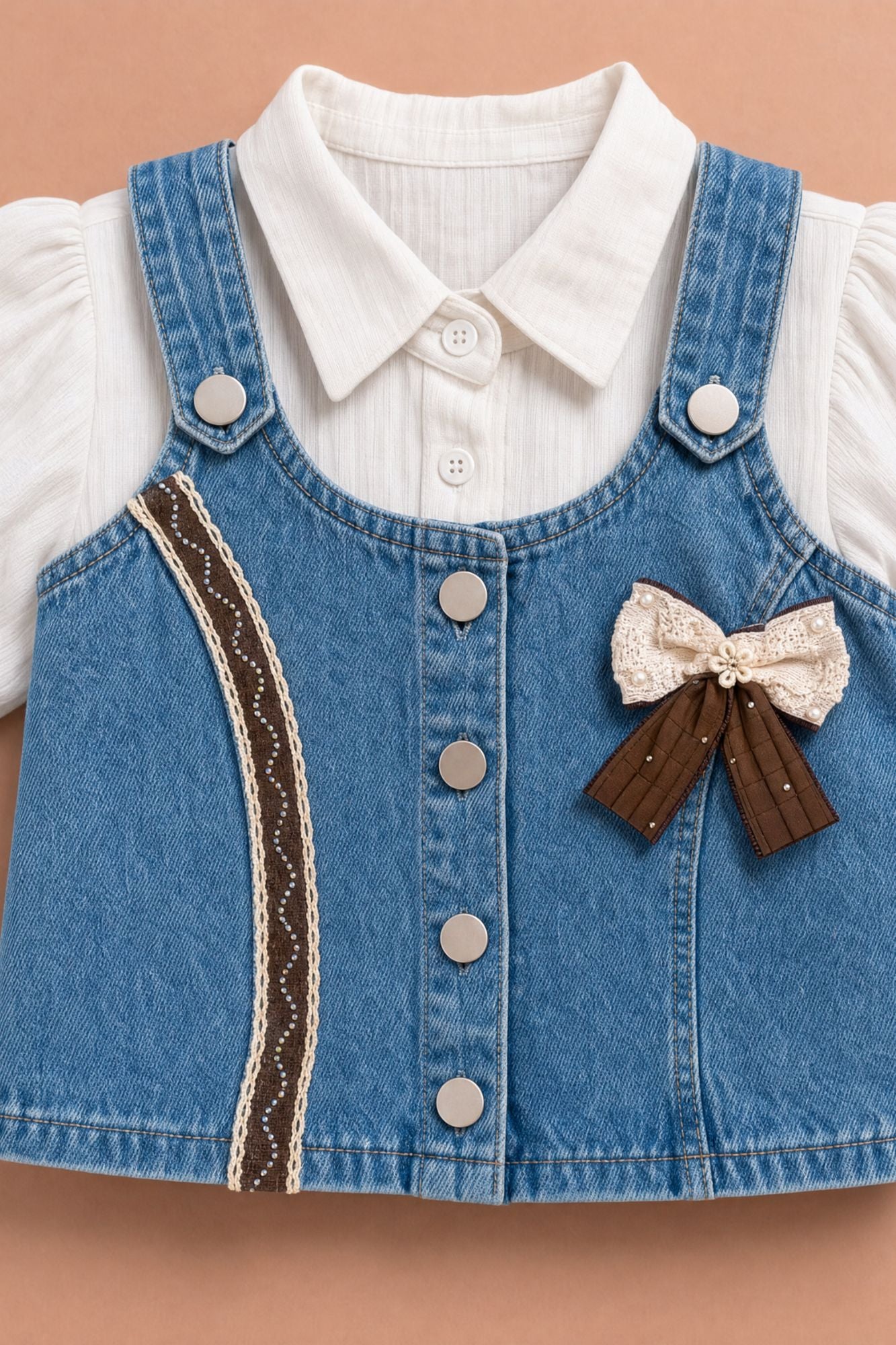 Girls Light Blue Denim 3 Piece Co-Ord Set With Decorative Bow