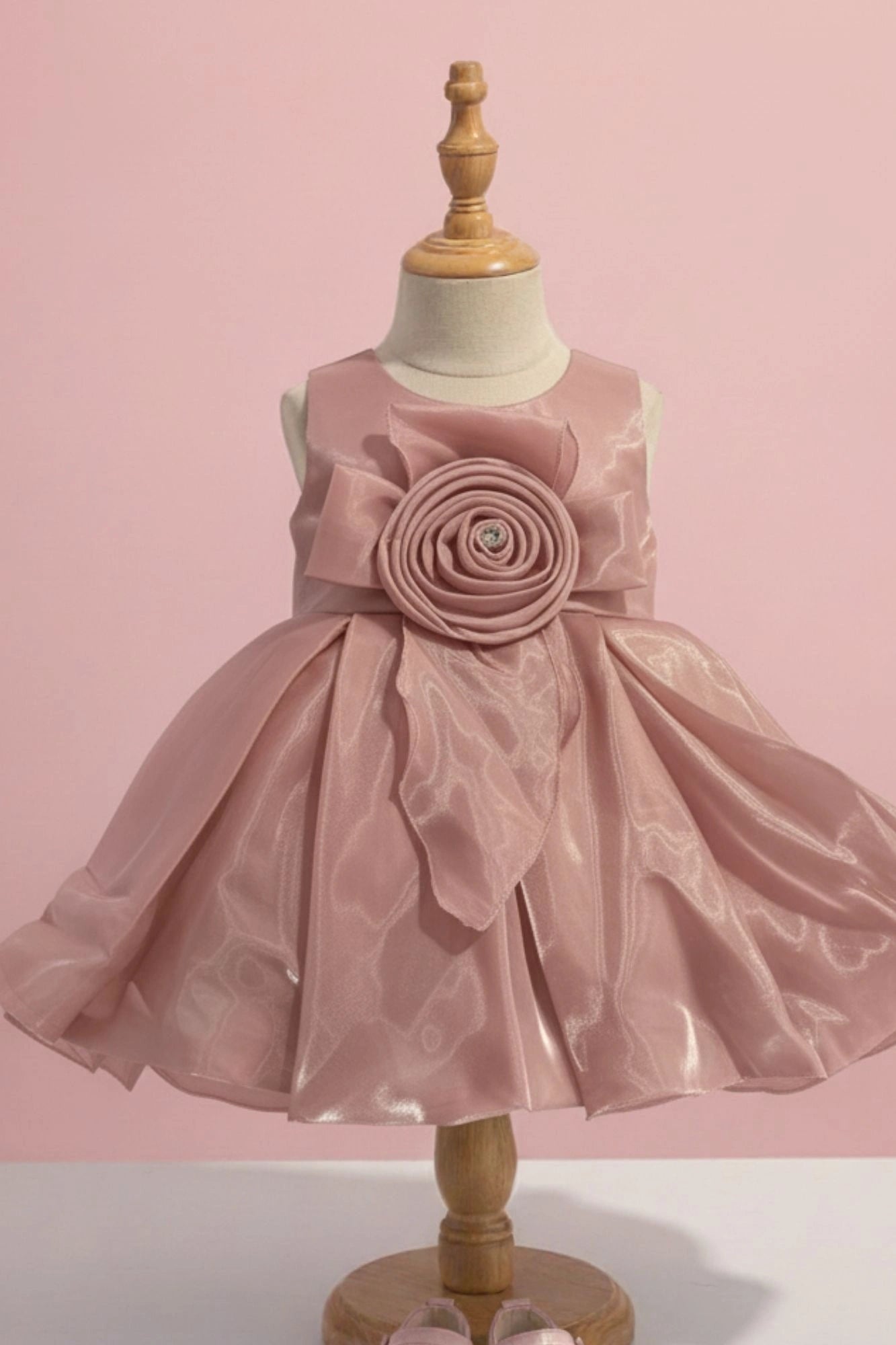 Onion Pink Party Frock with Rosette Bow and Shimmer Layers For Girls