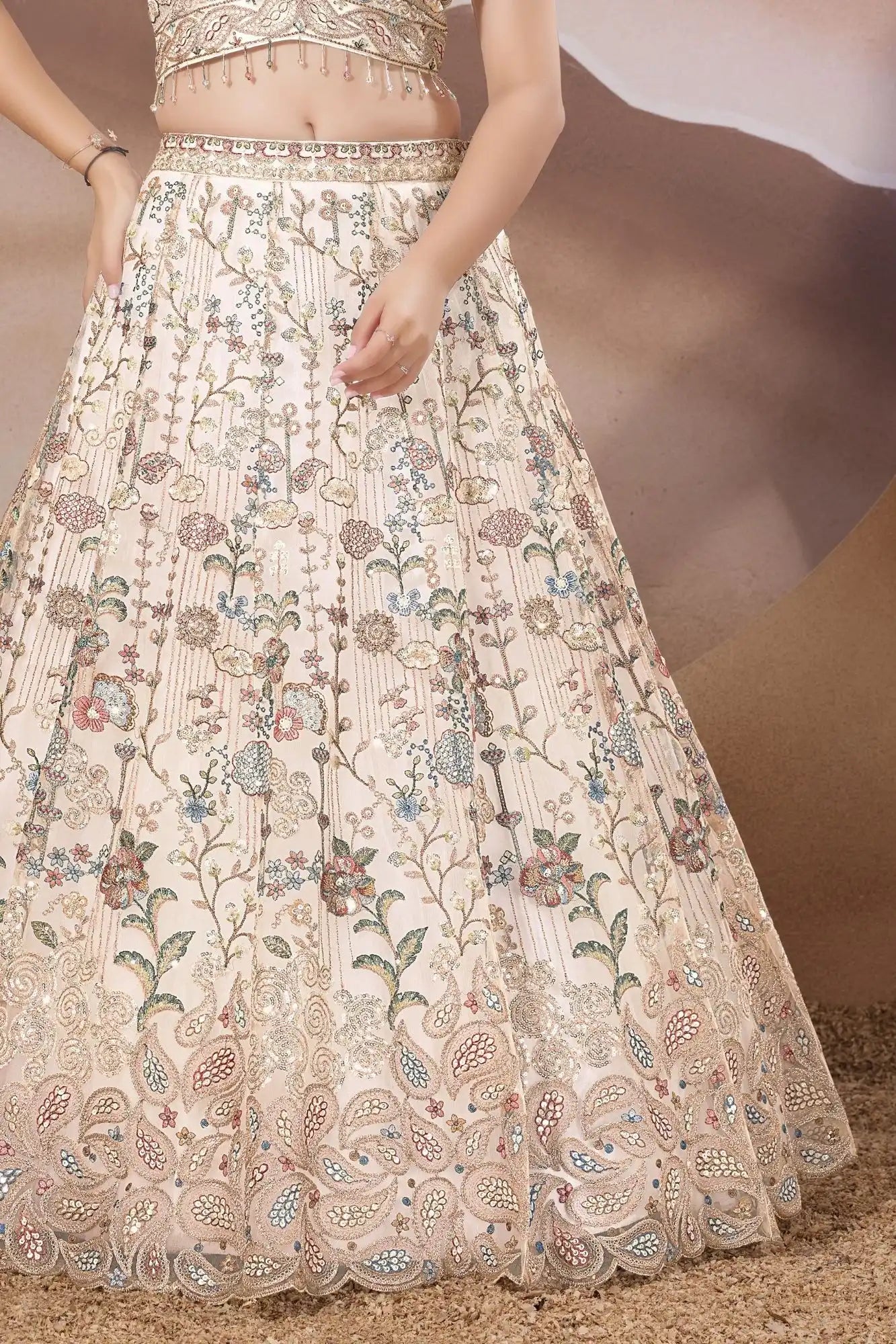 Cream Heavy Embroidered Lehenga Choli with Sequin and Thread Work For Girls