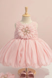Pink Party Frock with Oversized Floral Appliqué and Pleated Shine Finish For Girls