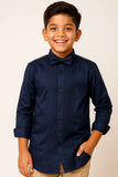 Classic Navy Blue Tuxedo Shirt With Pleated Front For Boys