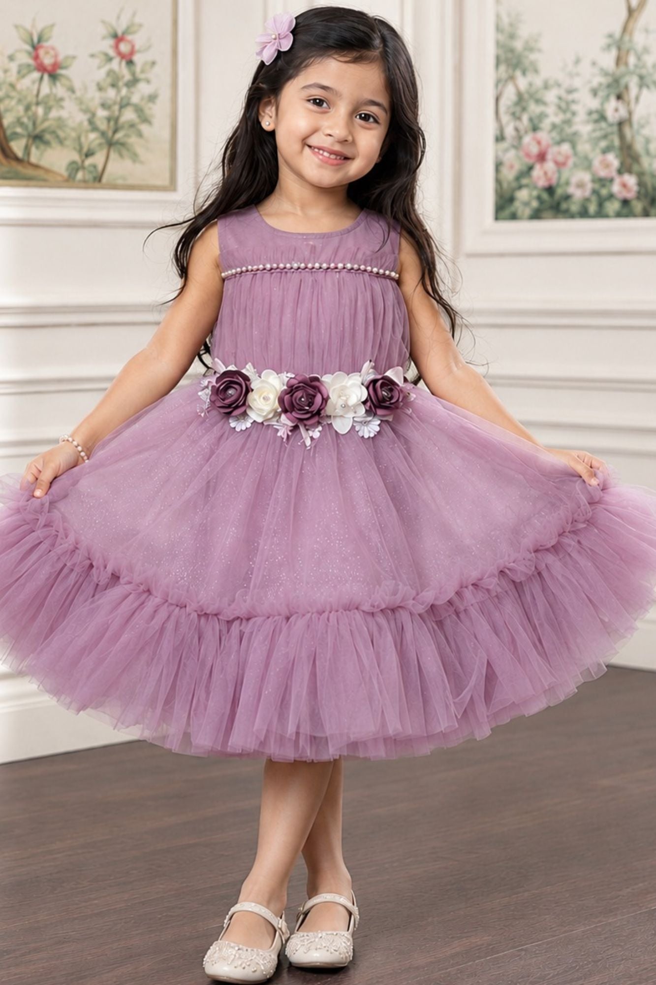 Girls Onion Pink Floral Tulle Party Wear Frock
