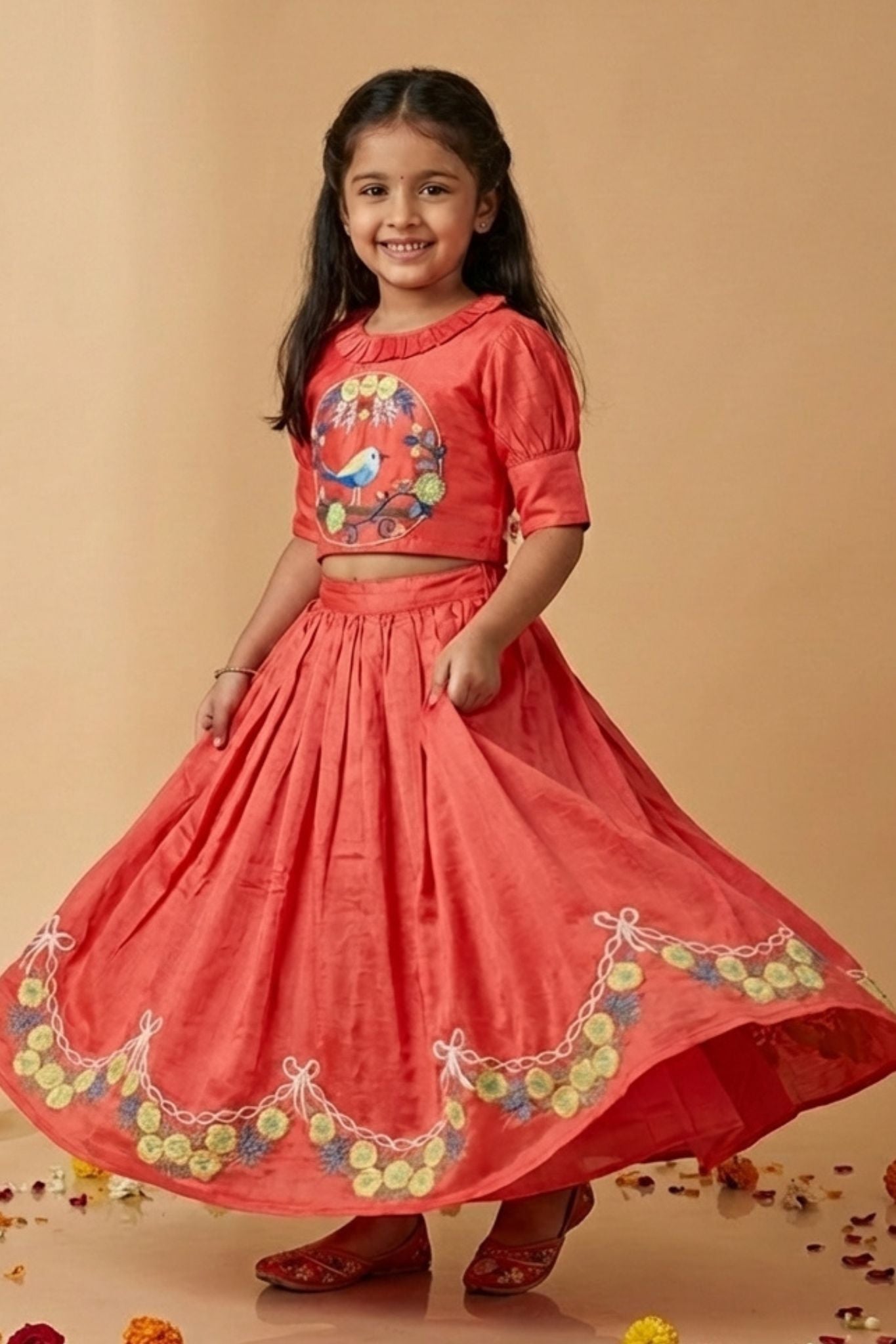 Coral Bird Embroidered Lehenga Choli Set For Girls