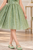 Girls Sage Green Party Wear Frock with 3D Floral Bow And Sequin Detailing