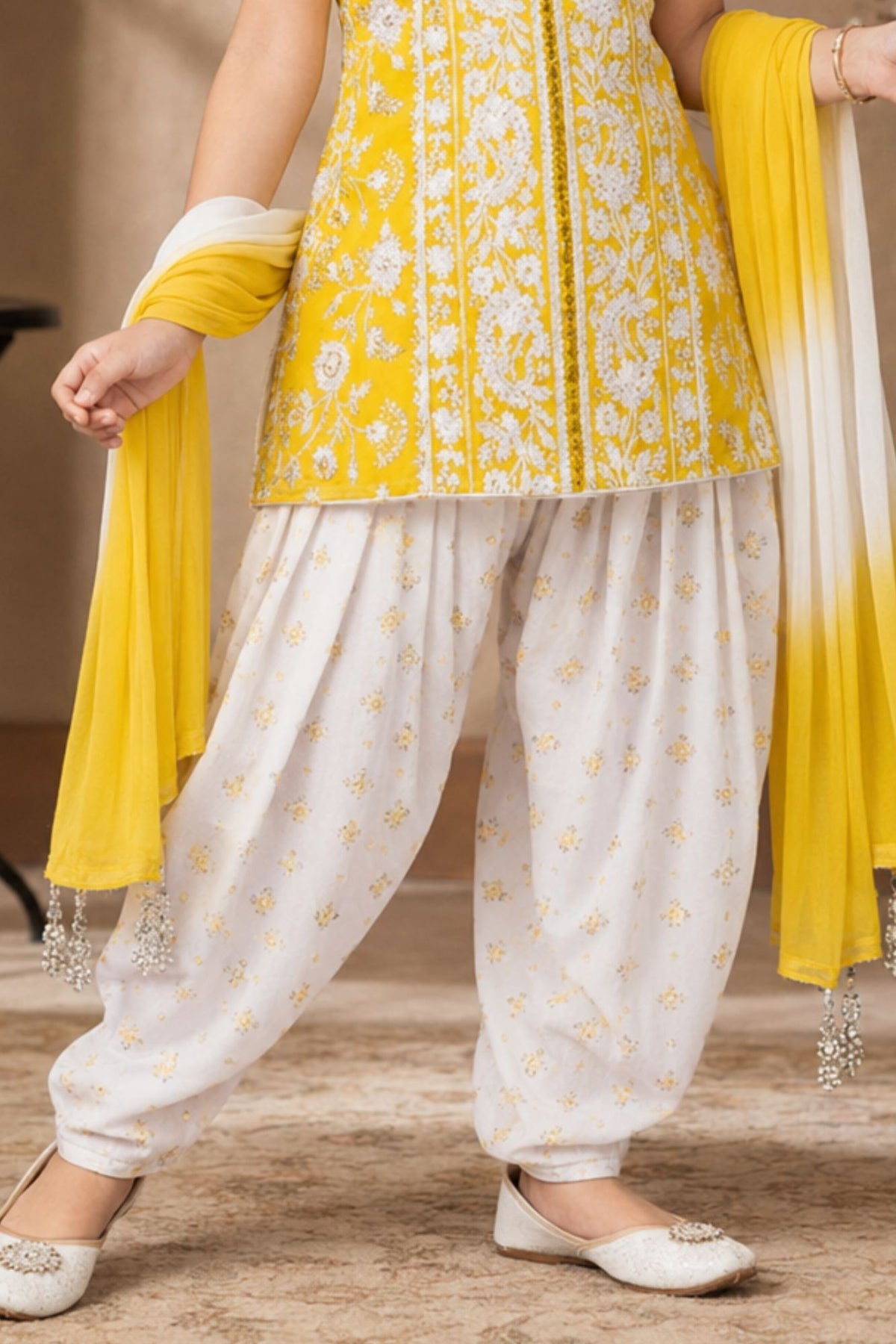 Yellow Embroidered Patiala Suit Set With Dupatta For Girls