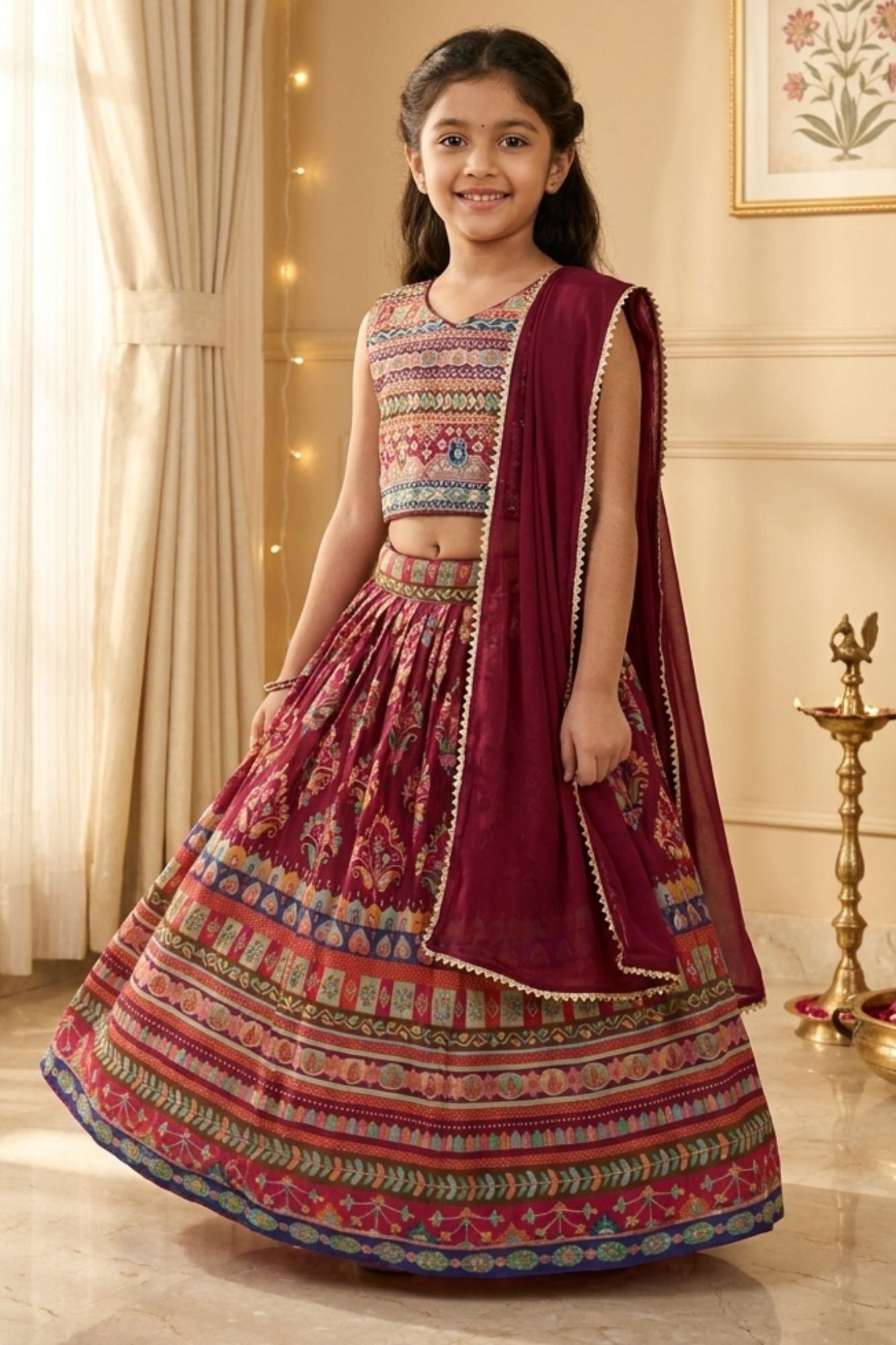 Maroon Printed Lehenga Choli with Dupatta
