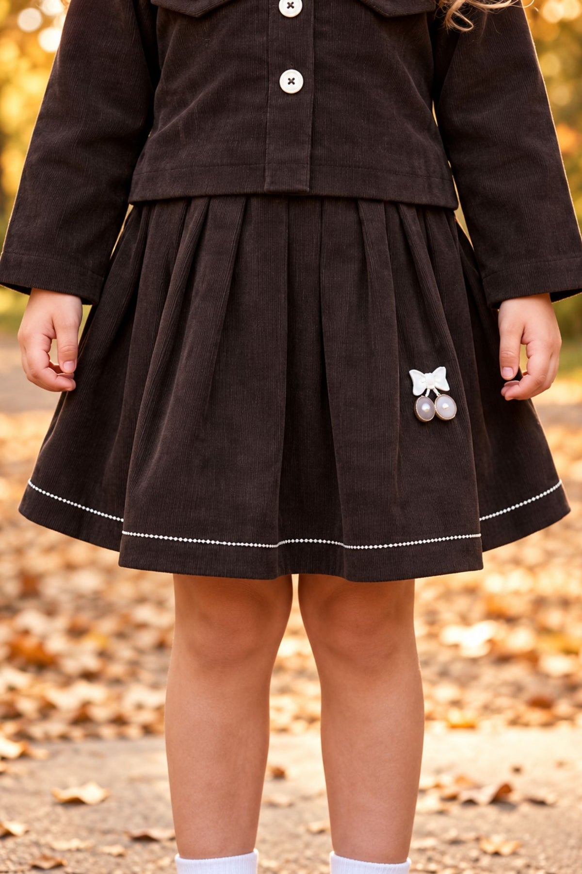 Girls Brown Stylish Bow-Detail Top and Pleated Skirt Set