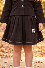 Girls Brown Stylish Bow-Detail Top and Pleated Skirt Set
