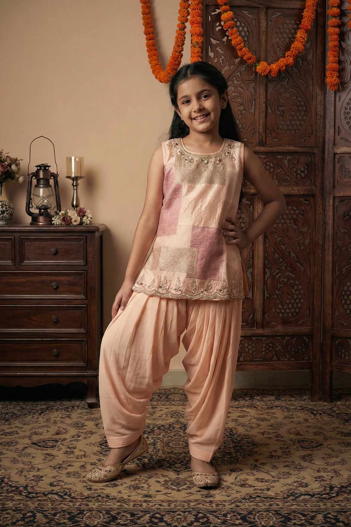Peach Kurta With Patiala Bottom For Girls