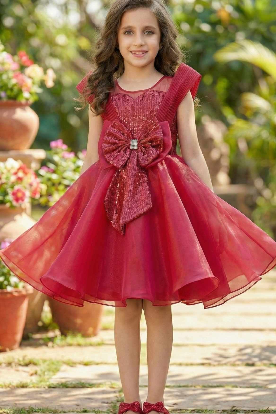 Rani Pink Embellished Party Wear Frock with Structured Shoulder Straps For Girls