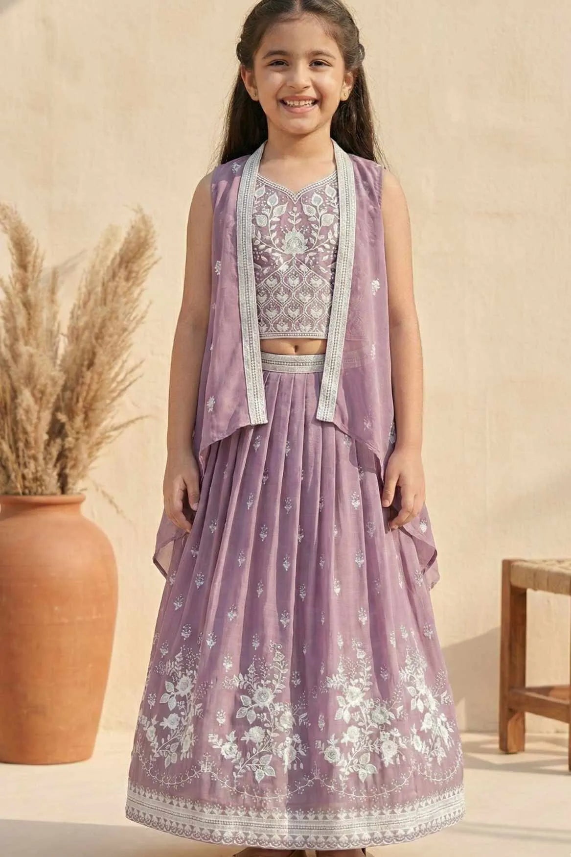 Mauve Embroidered Lehenga Choli with Layered Jacket For Girls