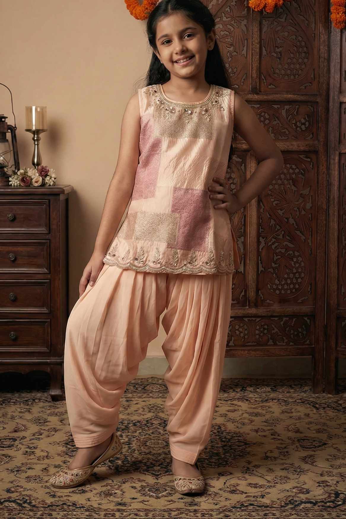 Peach Kurta With Patiala Bottom For Girls