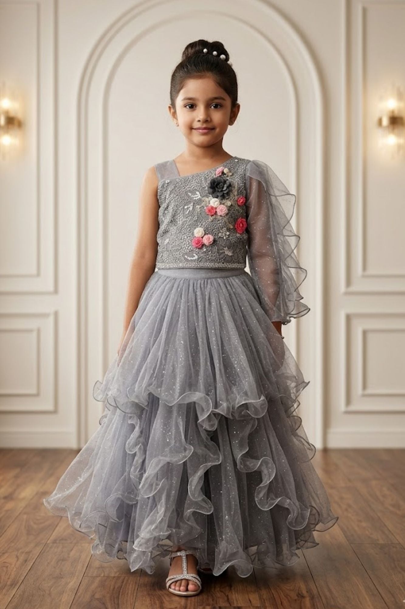 Girls Grey One-Shoulder Lehenga Choli with Dupatta And Layered Ruffle