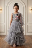 Girls Grey One-Shoulder Lehenga Choli with Dupatta And Layered Ruffle