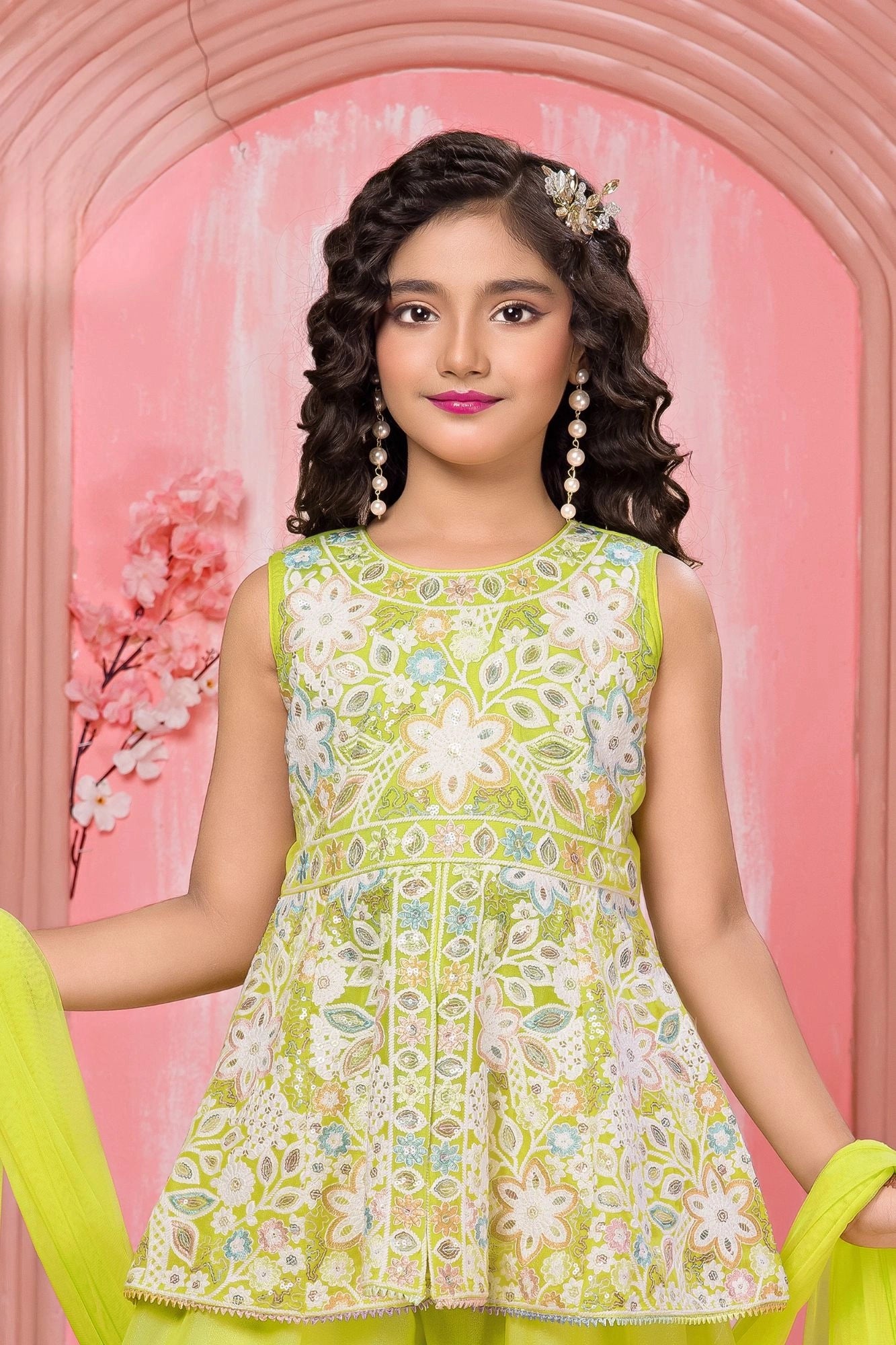 Yellow Multi-Thread Embroidered Palazzo Set for Girls