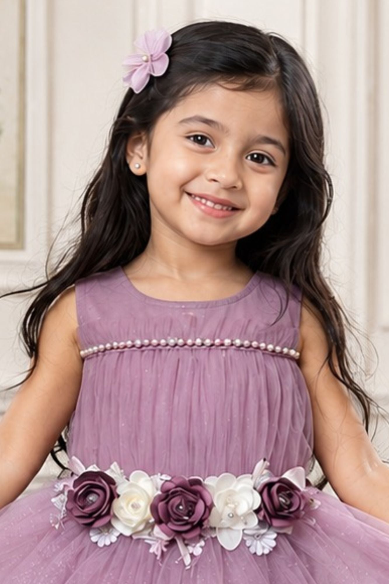 Girls Onion Pink Floral Tulle Party Wear Frock