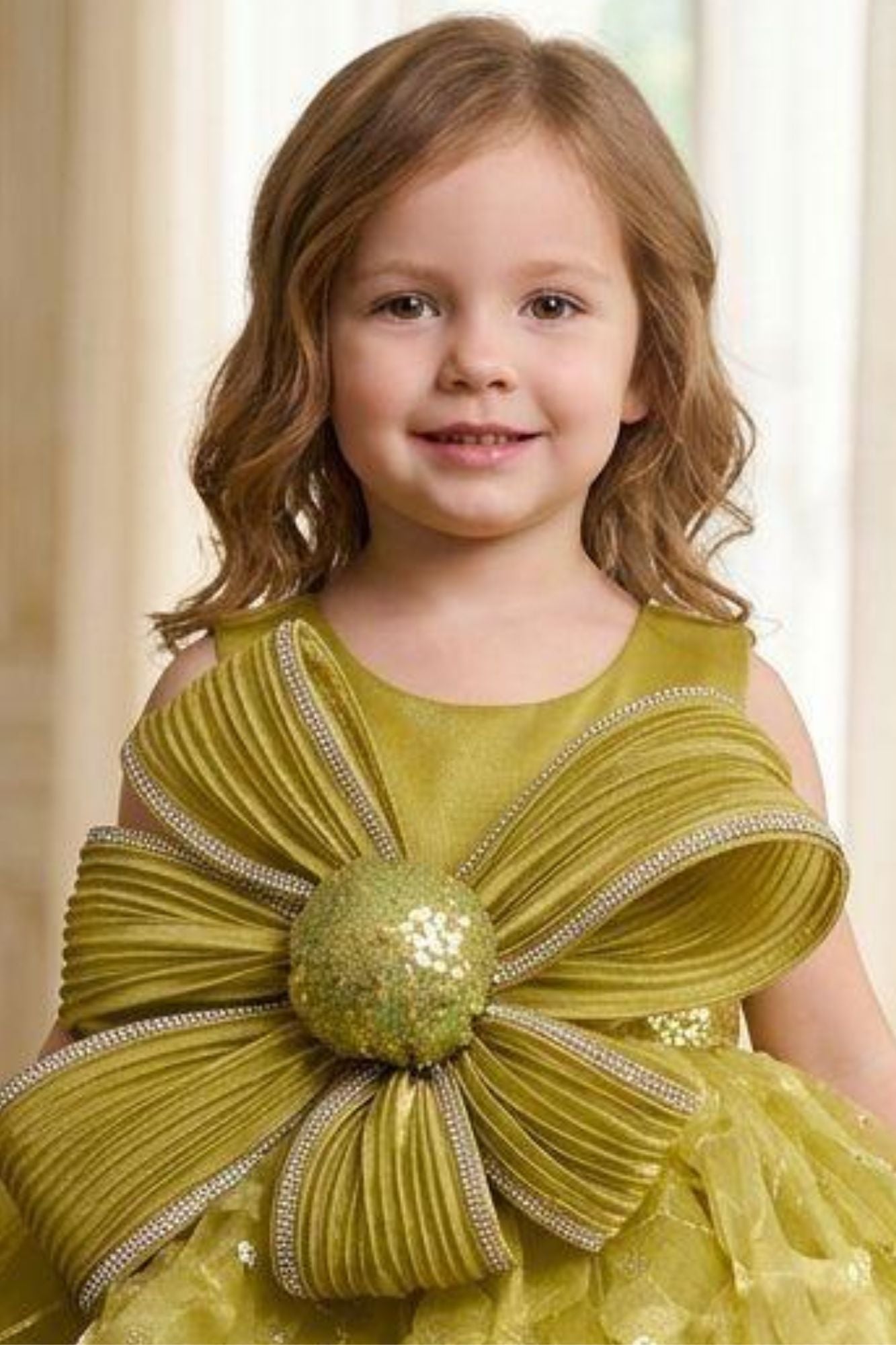 Girls Green Party Wear Frock with Statement Bow