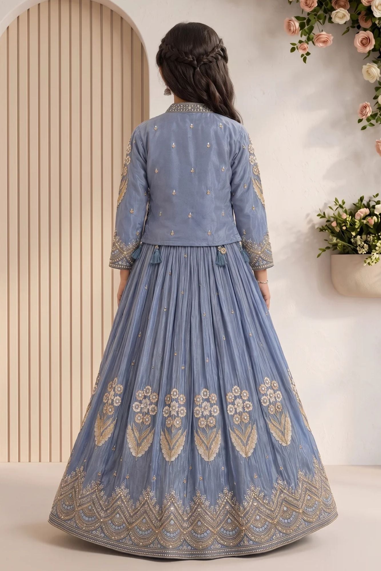 Dusty Blue Heavy Floral Embroidered Lehenga Choli with Jacket