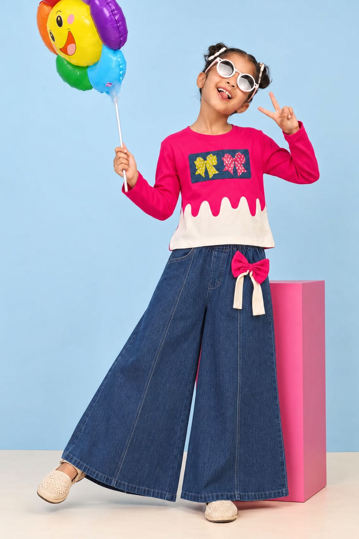 Girls Pink Top With Decorative Bow Detailed  Blue Wide Leg Pant Set