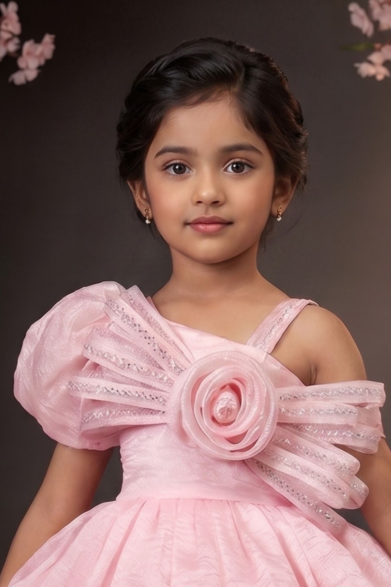 Pink One-Shoulder Party Frock with 3D Floral Bow For Girls