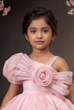 Pink One-Shoulder Party Frock with 3D Floral Bow For Girls
